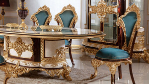 Casa Padrino Luxus Barock Esszimmerstuhl Set Blau / Braun / Gold - Handgefertigtes Kchen Sthle 6er Set mit elegantem Muster - Barock Esszimmer Mbel - Edel & Prunkvoll