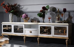Casa Padrino Luxus Barock Fernsehschrank Wei� / Gold 241 x 43 x H. 67 cm - Barock Wohnzimmerschrank mit 4 T�ren und Schublade