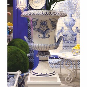 Casa Padrino Luxus Barock Keramik Blumentopf Wei / Blau  71 x H. 99,5 cm