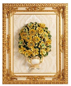 Casa Padrino Luxus Barock Keramik Gem�lde mit Massivholzrahmen Creme / Beige / Gold / Gr�n / Gelb H. 106 cm - Barock Wanddeko - Made in Italy