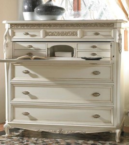 Casa Padrino Luxus Barock Schreibkommode mit 9 Schubladen Antik Wei� / Silber 130 x 57 x H. 127 cm - Luxus Qualit�t - Edle Barock M�bel