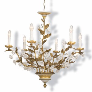 Casa Padrino Luxus Barock Kronleuchter Gold / Wei�  80 cm - Prunkvoller Messing Kronleuchter mit Porzellan Blumen - Made in Italy