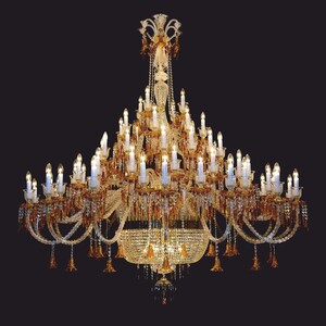 Casa Padrino Luxus Barock Hotel Kronleuchter mit b�hmischem Kristallglas Bernstein / Gold  210 x H. 230 cm