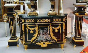 Casa Padrino Luxus Barock M�bel Set Schwarz / Gold - 1 Barock Kommode und 2 Barock S�ulen - Prunkvolle Barock M�bel