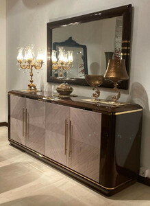 Casa Padrino Luxus M�bel Set Dunkelbraun / Grau / Gold - 1 Sideboard mit 4 T�ren & 1 Wandspiegel - Luxus Hotel M�bel