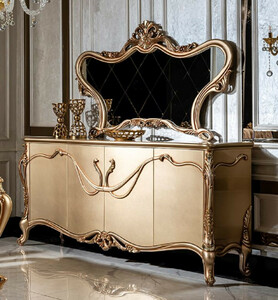 Casa Padrino Luxus Barock M�bel Set Gold - 1 Sideboard mit 4 T�ren & 1 Spiegel - Handgefertigte Barock M�bel - Edel & Prunkvoll