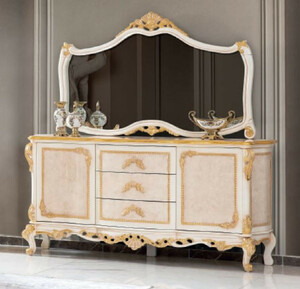 Casa Padrino Luxus Barock M�bel Set Sideboard mit Spiegel Beige / Wei� / Gold - Prunkvoller Massivholz Schrank mit elegantem Wandspiegel - M�bel im Barockstil