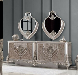 Casa Padrino Luxus Barock M�bel Set Silber - 1 Sideboard & 2 Spiegel - Handgefertigte M�bel im Barockstil - Edel & Prunkvoll