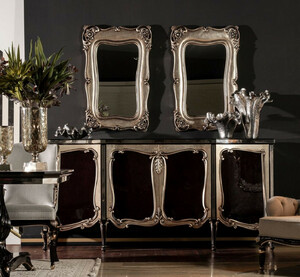 Casa Padrino Luxus Barock M�bel Set Schwarz / Silber - 1 Barock Sideboard & 2 Barock Wandspiegel - Barock M�bel - Edel & Prunkvoll