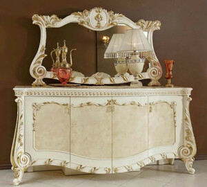 Casa Padrino Luxus Barock M�bel Set Beige / Wei� / Gold - 1 Barock Sideboard mit 4 T�ren & 1 Barock Wandspiegel - Handgefertigte Barock M�bel - Edel & Prunkvoll
