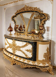 Casa Padrino Luxus Barock M�bel Set Wei� / Blau / Gold - 1 Barock Sideboard & 1 Barock Wandspiegel - Barock M�bel - Edel & Prunkvoll