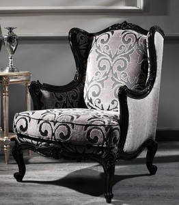 Casa Padrino Luxus Barock Ohrensessel Silber / Schwarz 77 x 85 x H. 110 cm - Wohnzimmer Sessel mit edlem Muster - Barock Mbel