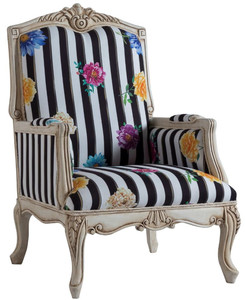 Casa Padrino Luxus Barock Sessel Schwarz / Wei / Mehrfarbig / Antik Cremefarben 72 x 71 x H. 114 cm - Gestreifter Barockstil Sessel mit Blumenmuster - Barock Wohnzimmer Mbel