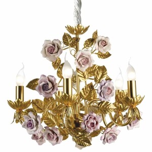 Casa Padrino Luxus Barock Kronleuchter mit 24 Karat Vergoldung und Porzellan Rosen Antik Gold / Pink  52 x H. 42 cm - Made in Italy