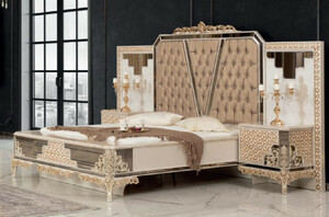 Casa Padrino Luxus Barock Schlafzimmer Set Wei / Gold - 1 Doppelbett mit Kopfteil & 2 Nachttische - Schlafzimmer Mbel im Barockstil - Edel & Prunkvoll