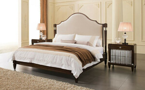 Casa Padrino Luxus Neoklassisches Schlafzimmer Set Hellbeige / Dunkelbraun / Silber - 1 Doppelbett mit Kopfteil & 2 Nachtkommoden - Neoklassische Schlafzimmer M�bel