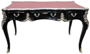 Casa Padrino Luxus Barock Schreibtisch mit 3 Schubladen und massiven Metallapplikation Schwarz / Silber / Bordeaux 141 x 65 x H. 80 cm - Barock B�rom�bel Sekret�r