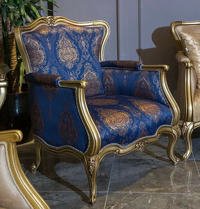 Casa Padrino Luxus Barock Sessel Blau / Gold 90 x 74 x H. 106 cm - Wohnzimmer Sessel mit elegantem Muster - Barock Wohnzimmer Mbel
