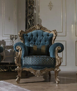 Casa Padrino Luxus Barock Sessel Blau / Gold 97 x 90 x H. 115 cm - Wohnzimmer Sessel mit elegantem Muster und dekorativem Kissen - Barock Wohnzimmer M�bel