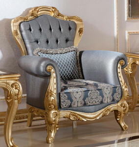 Casa Padrino Luxus Barock Sessel Blau / Gold - Handgefertigter Barockstil Wohnzimmer Sessel mit elegantem Muster - Barock Wohnzimmer M�bel - Edel & Prunkvoll