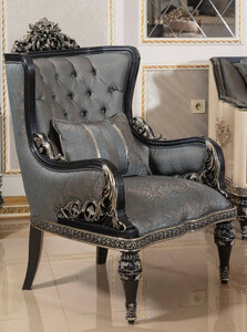 Casa Padrino Luxus Barock Sessel Hellblau / Schwarz / Gold - Handgefertigter Barockstil Wohnzimmer Sessel mit elegantem Muster - Barock Wohnzimmer M�bel - Edel & Prunkvoll