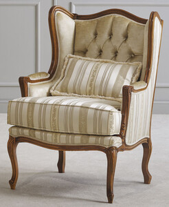 Casa Padrino Luxus Barock Ohrensessel Gold / Creme / Braun - Handgefertigter Barockstil Wohnzimmer Sessel mit Streifen - Luxus Wohnzimmer M�bel im Barockstil - Luxus Qualit�t - Made in Italy