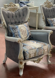 Casa Padrino Luxus Barock Sessel Grau / Mehrfarbig / Wei / Gold - Handgefertigter Wohnzimmer Sessel mit elegantem Muster - Barock Wohnzimmer Mbel - Edel & Prunkvoll