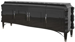 Casa Padrino Luxus Art Deco Sideboard Schwarz / Silber 220 x 50 x H. 90 cm - Edler Wohnzimmer Schrank mit 4 Tren und Marmorplatte - Art Deco Mbel