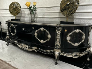 Casa Padrino Luxus Barock Sideboard Schwarz / Silber - Prunkvoller Massivholz Schrank mit 4 Tren und Schublade - Barock Mbel - Edel & Prunkvoll