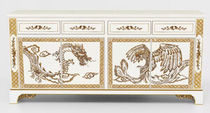 Casa Padrino Luxus Barock Sideboard im chinesischen Stil Wei� / Gold - Barockstil Massivholz Schrank mit 4 Schubladen & 4 T�ren - Luxus Esszimmer M�bel im Barockstil - Barock Esszimmer M�bel