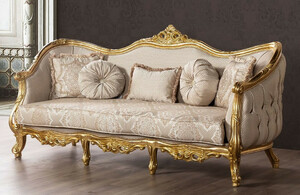 Casa Padrino Luxus Barock Sofa Beige / Gold - Prunkvolles Wohnzimmer Sofa mit Muster - Prunkvolle Barock Wohnzimmer Mbel