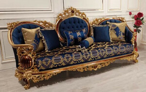 Casa Padrino Luxus Barock Sofa Blau / Gold / Braun - Prunkvolles Wohnzimmer Sofa mit elegantem Muster - Barock Wohnzimmer M�bel