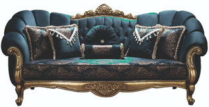 Casa Padrino Luxus Barock Sofa Blau / Gold 220 x 90 x H. 110 cm - Prunkvolles Wohnzimmer Sofa mit Glitzersteinen und dekorativen Kissen