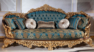 Casa Padrino Luxus Barock Sofa Blau / Beige / Braun / Gold - Prunkvolles Wohnzimmer Sofa mit elegantem Muster - Barock Wohnzimmer Mbel -  Edel & Prunkvoll