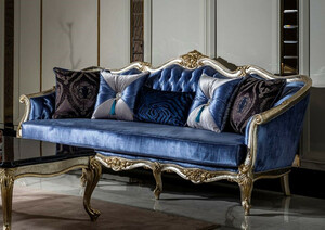 Casa Padrino Luxus Barock Sofa Blau / Silber / Gold - Handgefertigtes Wohnzimmer Sofa mit dekorativen Kissen - Barock Wohnzimmer Mbel