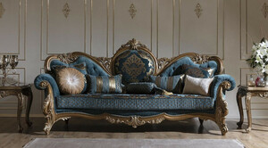 Casa Padrino Luxus Barock Sofa Blau / Gold 260 x 90 x H. 125 cm - Prunkvolles Wohnzimmer Sofa mit elegantem Muster und dekorativen Kissen - Barock Mbel 