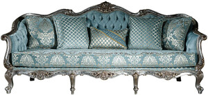 Casa Padrino Luxus Barock Sofa Hellblau / Silber / Gold 238 x 85 x H. 106 cm - Wohnzimmer Sofa mit elegantem Muster und dekorativen Kissen - Barock Wohnzimmer Mbel