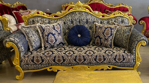 Casa Padrino Luxus Barock Sofa Dunkelblau / Beige / Gold - Prunkvolles Wohnzimmer Sofa mit elegantem Muster und Glitzersteinen - Wohnzimmer Mbel - Barock Mbel - Edel & Prunkvoll