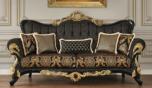 Casa Padrino Luxus Barock Sofa Schwarz / Gold 230 x 80 x H. 126 cm - Prunkvolles Wohnzimmer Sofa mit elegantem Muster und dekorativen Kissen - Barock Wohnzimmer M�bel