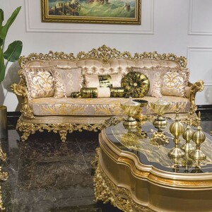 Casa Padrino Luxus Barock Sofa Grau / Gold 285 cm - Prunkvolles Barock Wohnzimmer Sofa - Barock Wohnzimmer M�bel