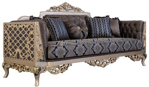 Casa Padrino Luxus Barock Sofa mit dekorativen Kissen Blau / Silber / Gold 226 x 90 x H. 110 cm - Barock Wohnzimmer Mbel