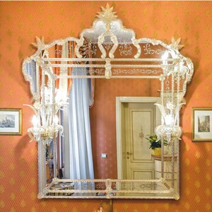 Casa Padrino Luxus Barock Spiegel mit 2 Wandleuchten Gelb 150 x H. 160 cm - Made in Italy