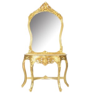 Casa Padrino Luxus Barock Spiegelkonsole Gold 95 x H. 190 cm - mit Muschel Bekr�nung - Prunkvoller Konsolentisch mit Wandspiegel - Antik Stil Flur M�bel - Barock M�bel