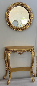 Casa Padrino Luxus Barock Spiegelkonsole - Prunkvolle Barockstil Massivholz Konsole mit rundem Wandspiegel - Garderoben Spiegel im Barockstil - Barock Mbel - Luxus Qualitt - Made in Italy