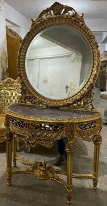 Casa Padrino Barock Spiegelkonsole mit Marmorplatte Gold / Grau - Prunkvolle Barock Konsole mit Spiegel - Handgefertigte Barock Mbel