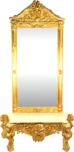 Gro�e Casa Padrino Barock Spiegelkonsole Gold mit Marmorplatte Grimasse 140 x 50 x H250 cm - Spiegel Konsole - Eyecatcher