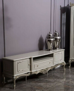 Casa Padrino Luxus Barock TV Schrank Grau / Silber 191 x 44 x H. 63 cm - Prunkvoller Massivholz Fernsehschrank - Barock Wohnzimmer Mbel
