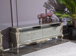 Casa Padrino Luxus Barock TV Schrank Grau / Silber 205 x 48 x H. 77 cm - Prunkvoller Massivholz Fernsehschrank - Barock Wohnzimmer Mbel