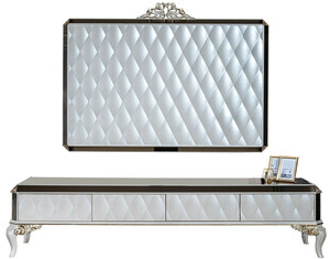 Casa Padrino Luxus Barock TV Schrank Wei� / Gold / Schwarz 235 x 52 x H. 54 cm - Edles Massivholz Lowboard mit TV Wand - Wohnzimmerschrank - Wohnzimmer M�bel im Barockstil