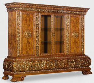 Casa Padrino Luxus Wohnzimmerschrank mit LED Beleuchtung Braun / Gold 268 x 58 x H. 189 cm - Massivholz Schrank - Luxus M�bel - Luxus Einrichtung - Wohnzimmer Einrichtung - Luxus Qualit�t